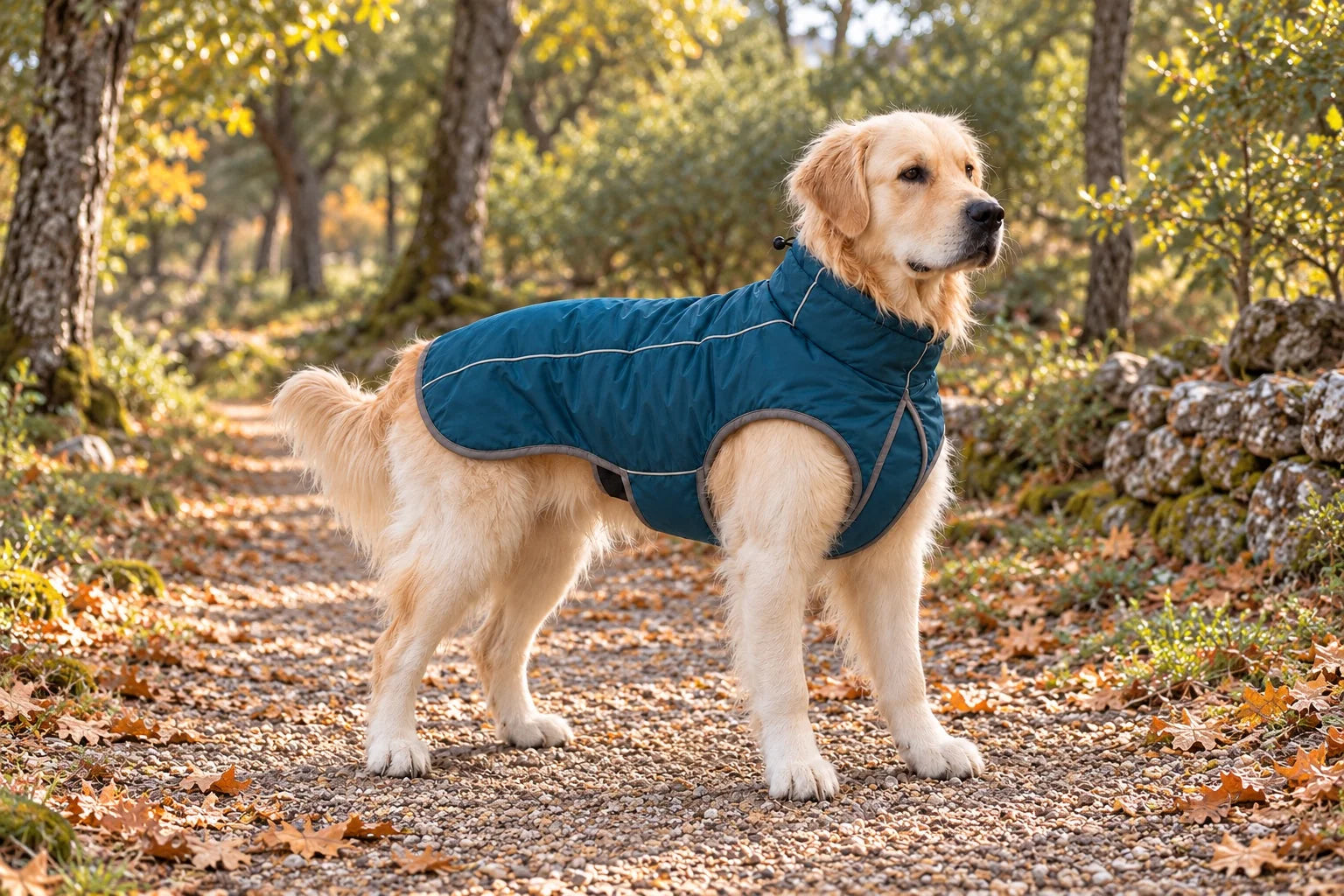 Golden con abrigo azul