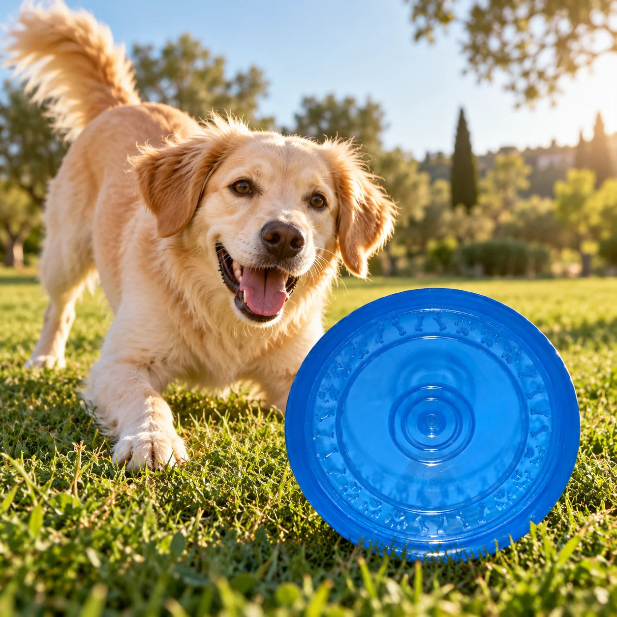 Perro jugando con frisbee azul